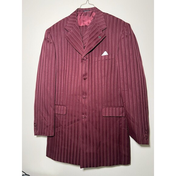 Soprano Set Of 3 Suit Jacket, Vest, Pant Burgundy White Striped Size 40-R - Picture 1 of 16